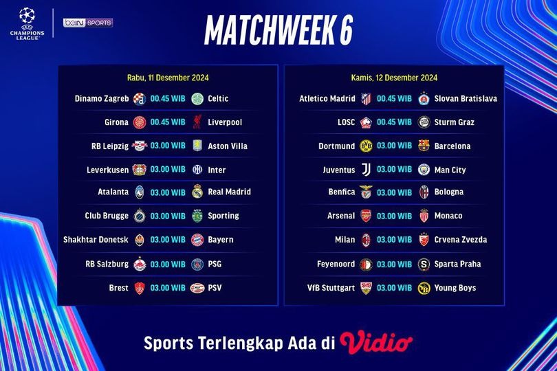 Foto: Jadwal Liga Champions Matchday ke-6, Duel Big Match: Leverkusen vs Inter, Juventus vs Man City | Pifa Net