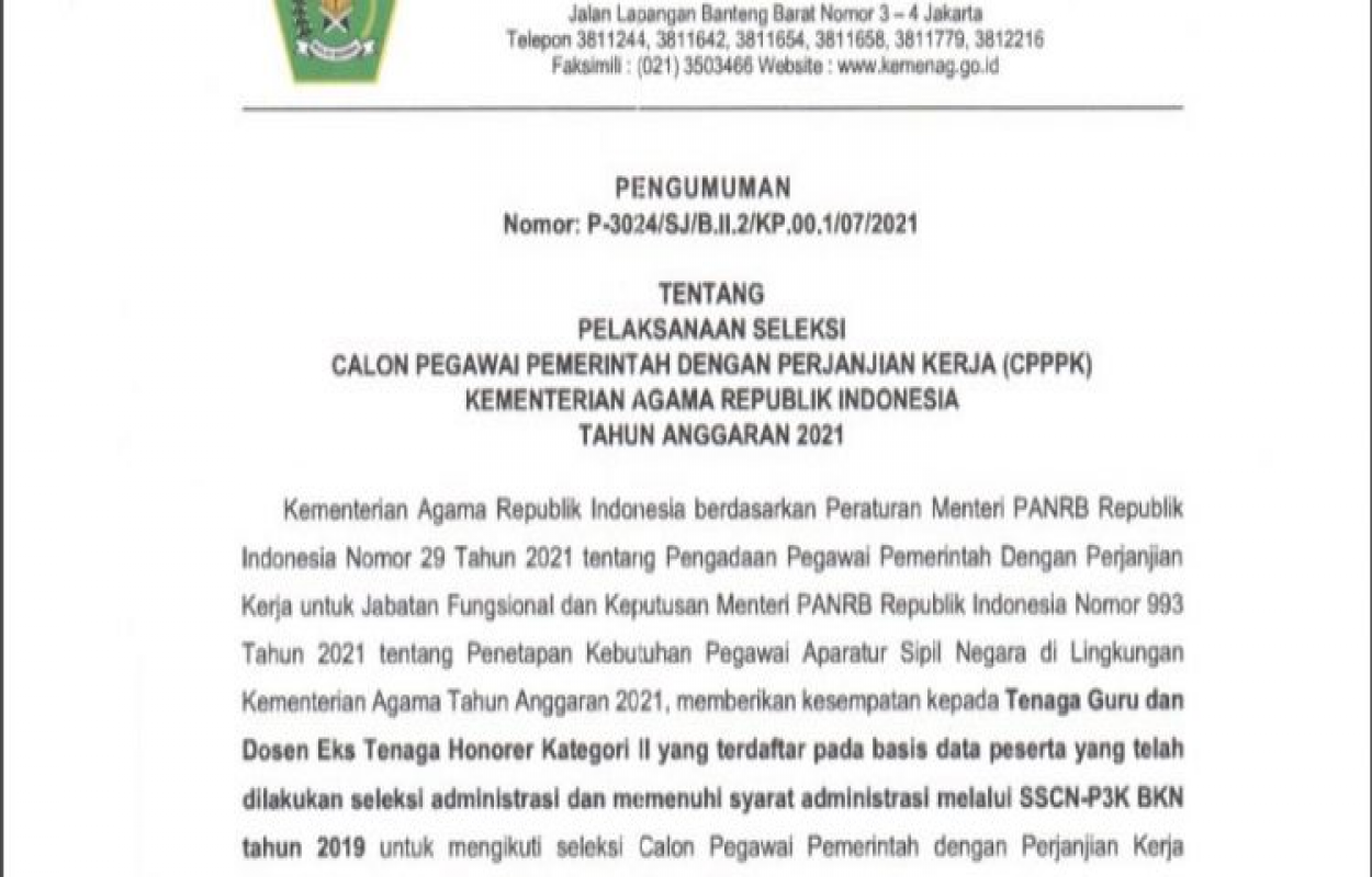 Foto: Seleksi PPPK Kemenag 2021 Dibuka Hari Ini, Download Syarat Lengkap dan Formasinya Di Sini | Pifa Net