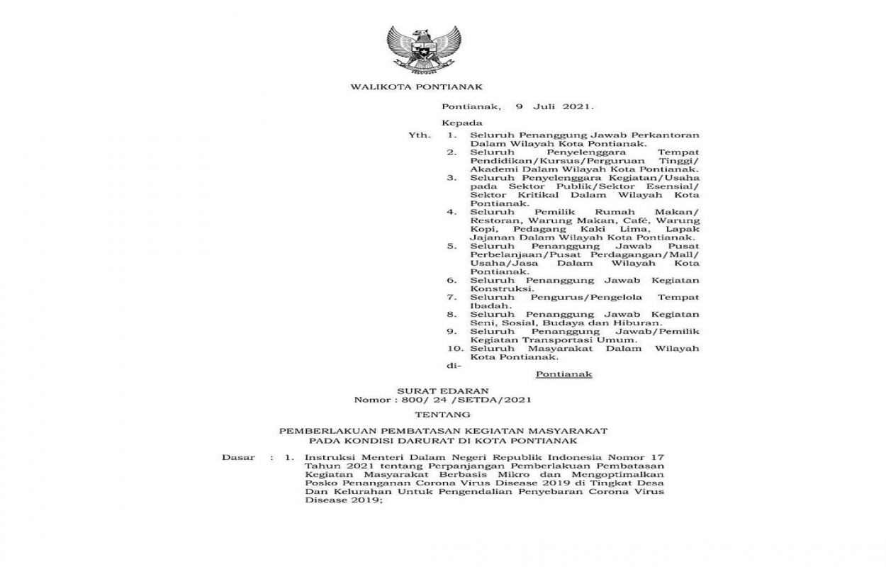Foto: Telah Terbit Surat Edaran PPKM Darurat di Pontianak, Berikut Rinciannya | Pifa Net