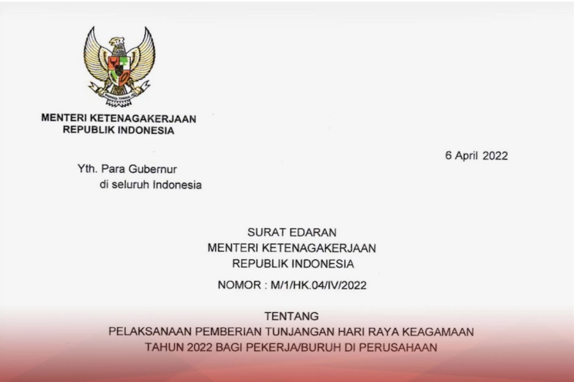Foto: Isi Edaran Menaker mengenai Pelaksanaan Pemberian THR Keagamaan 2022 | Pifa Net