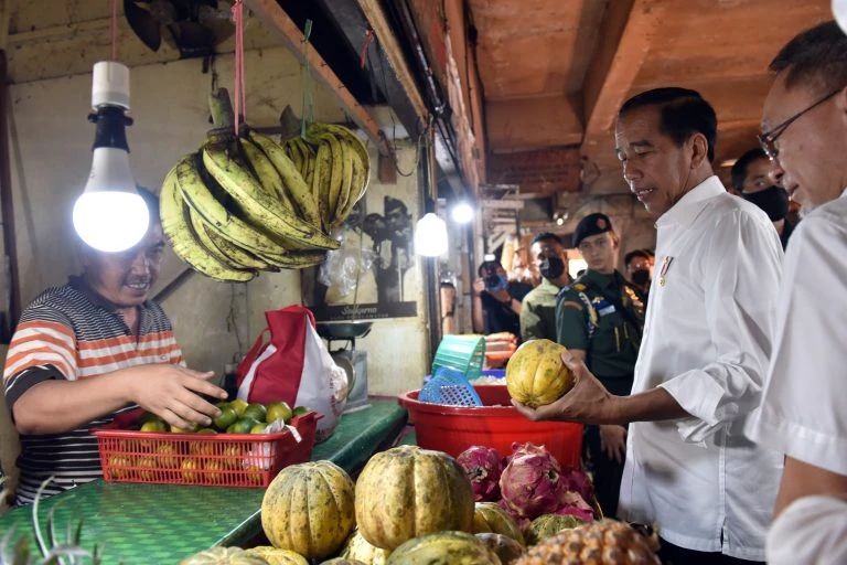 Presiden Jokowi didampingi Mendag Zulkifli Hasan meninjau harga pangan di Pasar Rawamangun, Jakarta, Rabu (5/4/2023). (Humas Setkab/Rahmat)