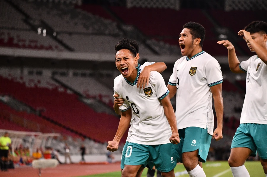 Selebrasi gol Beckham Putra usai menjebol gawang Lebanon, gol semata wayang yang antarkan kemenangan Timnas U-22. (Dok. PSSI)