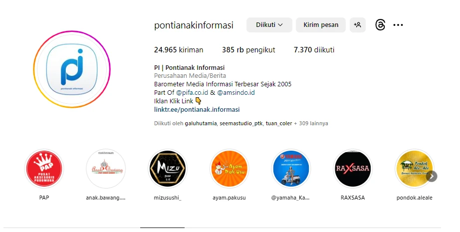 Followers Pontianak Informasi atau yang akrab dikenal "PI" di Instagram tembus 385 ribu per Juli 2023. (Dok. PIFA)
