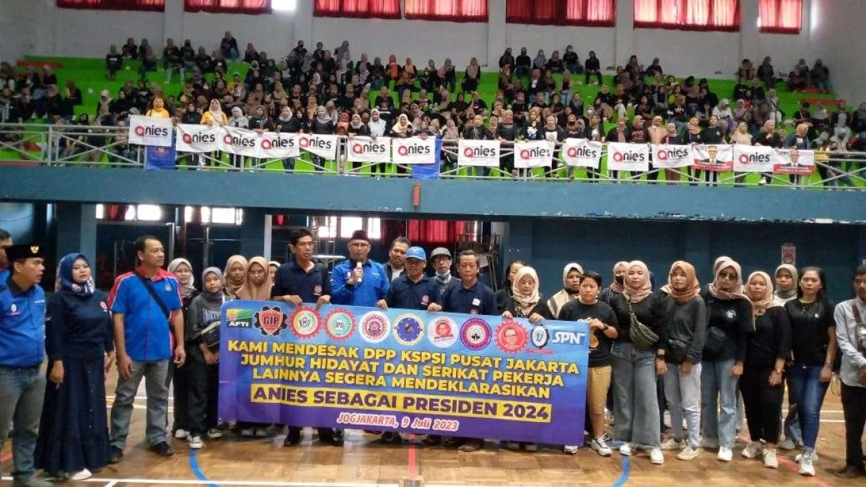Aliansi buruh di Yogyakarta mendukung Anies Baswedan sebagai Bacapres di Pilpres 2024. (VIVA.co.id)