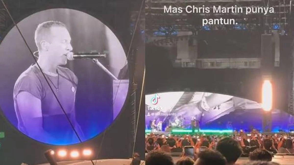 Momen Chris Martin membuat penonton tertawa dengan pantun 'Pinjam Seratus' saat konser Coldplay di Jakarta. (x @shitlicious)