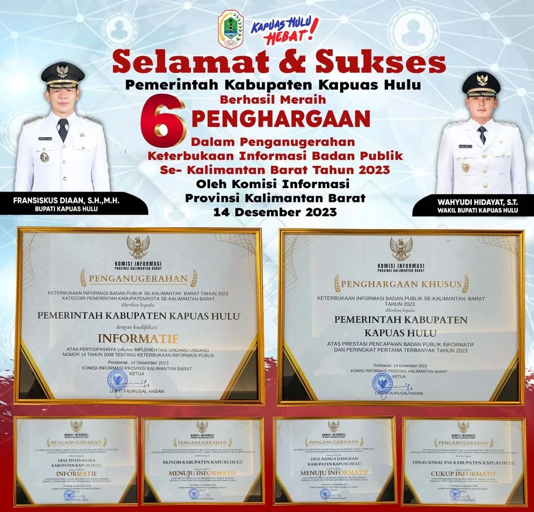 Foto: Pemkab Kapuas Hulu Sabet 6 Kategori Penghargaan di Penganugerahan Keterbukaan Informasi Badan Publik se-Kalbar 2023 | Pifa Net