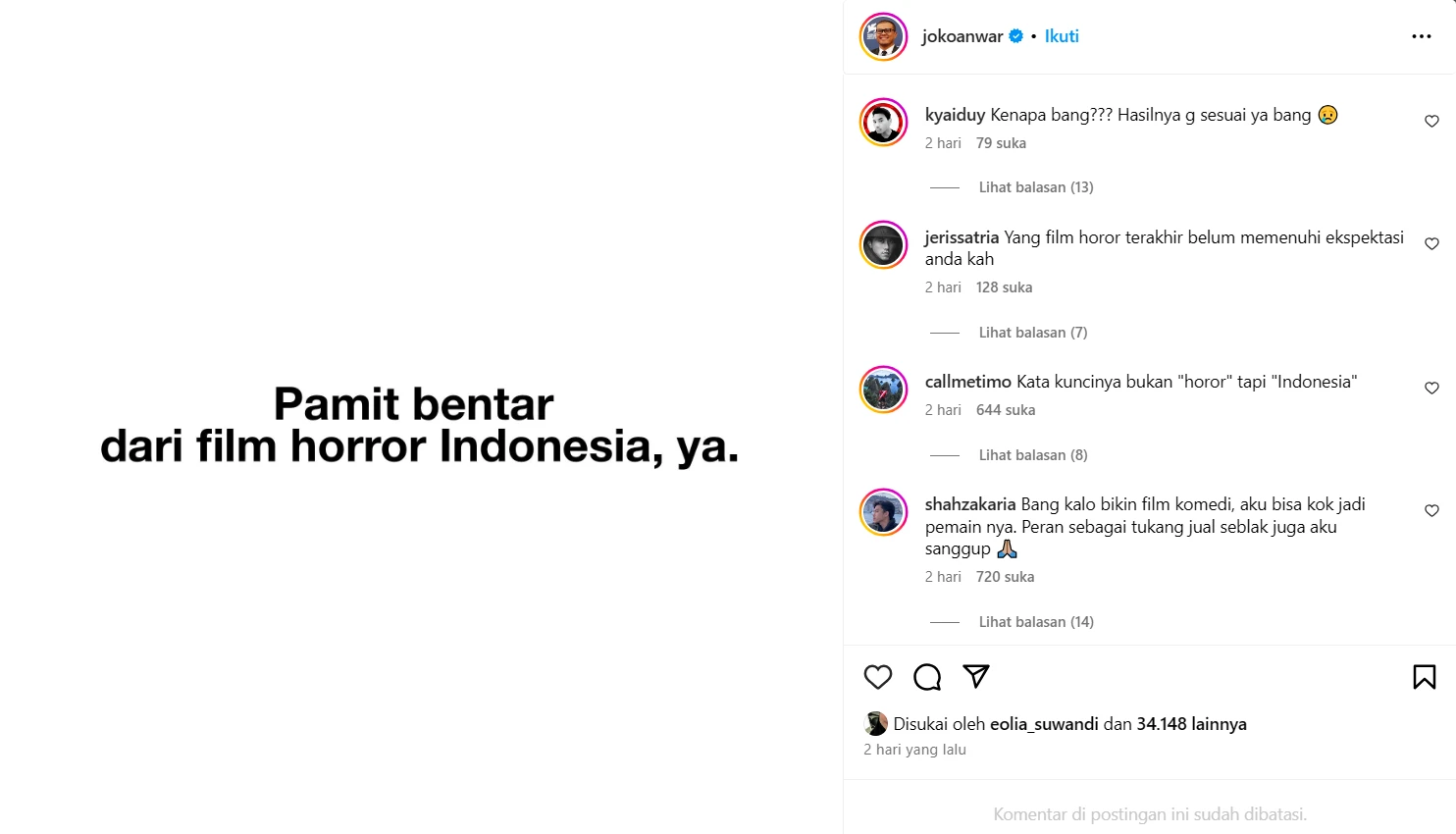 Foto: Joko Anwar Pamit dari Perfilman Horor Indonesia, Kenapa? | Pifa Net