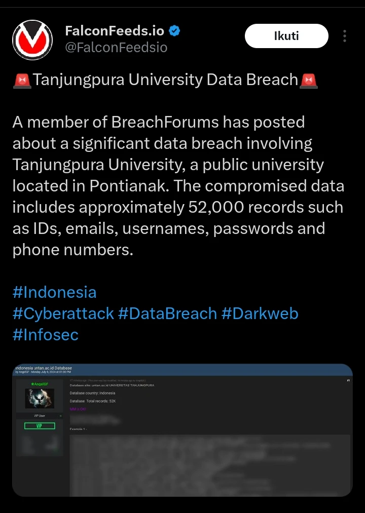 Foto: Heboh di X, 52 Ribu Data Universitas Tanjungpura Diretas Hacker | Pifa Net