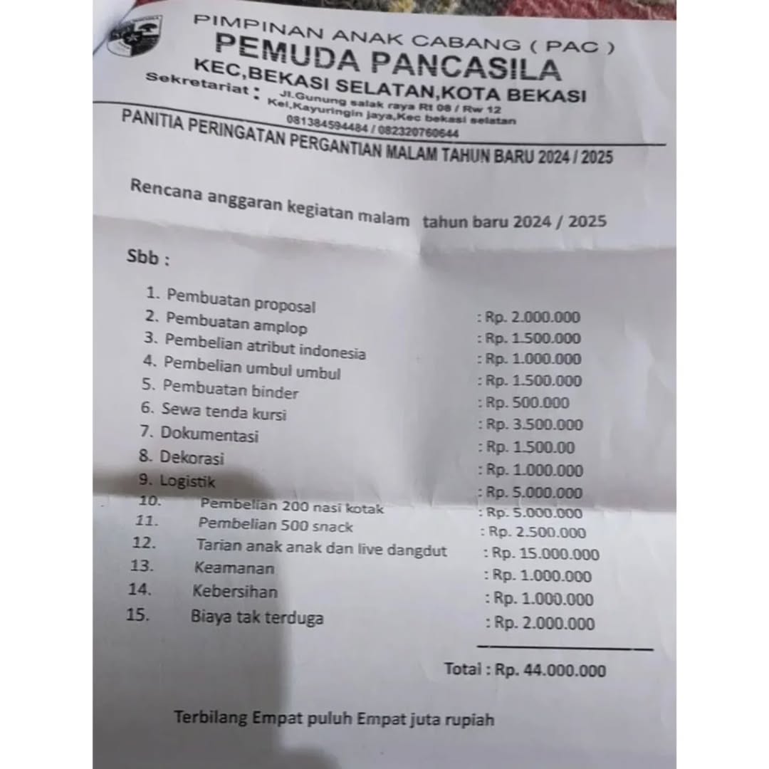 Foto: Viral Rencana Anggaran Ormas di Bekasi untuk Pesta Tahun Baru Sebesar Rp 44 Juta | Pifa Net