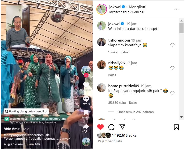 residen ke-7 RI , Joko Widodo (Jokowi), mengikuti tren emak berkebaya hijau yang nyanyi lagu ‘Waktu Ku Kecil’. (Dok. PIFA)
